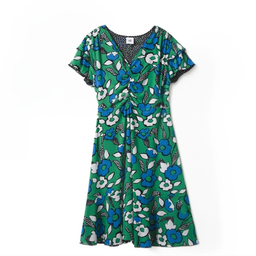 CAbi Reversible Celebrate the Dress Green Floral Black White Flowy Midi Medium